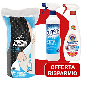 Offerta risparmio 1 Bobina di carta asciugatutto Strizzami, 200 strappi, 3 veli Bianco + 1 Detergente vetri con alcool Quasar, 580 ml + 1 Detergente sgrassatore universale Chanteclaire, 600 ml