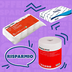 Offerta Risparmio 1 bobina multiuso 350 strappi Mondoffice + 8 rotoli carta igienica Mondoffice + 1 confezione da 100 veline Cosmetiche Prime Carind Offerta Risparmio 1 bobina multiuso 350 strappi Mondoffice + 8 rotoli carta igienica Mondoffice + 1 confezione da 100 veline Cosmetiche Prime Carind