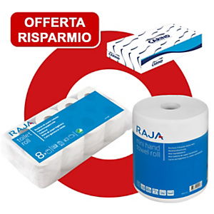 Offerta Risparmio 1 bobina multiuso 350 strappi Raja + 8 rotoli carta igienica Raja + 1 confezione da 100 veline Cosmetiche Prime Carind Offerta Risparmio 1 bobina multiuso 350 strappi Raja + 8 rotoli carta igienica Raja + 1 confezione da 100 veline Cosmetiche Prime Carind