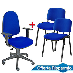 Offerta Risparmio 1 sedia operativa Sun blu + 1 coppia sedie attesa impilabili blu