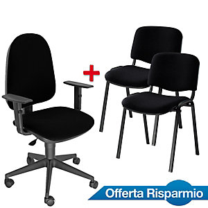 Offerta Risparmio 1 sedia operativa Sun nero + 1 coppia sedie attesa impilabili nero