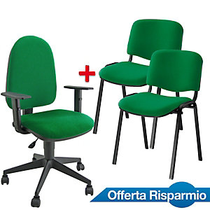 Offerta Risparmio 1 sedia operativa Sun verde + 1 coppia sedie attesa impilabili verde