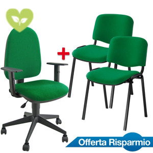Offerta Risparmio 1 sedia operativa Sun verde + 1 coppia sedie attesa impilabili verde