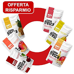 Offerta Risparmio OPIFRUTTA Snack frutta crioessiccata come fresca 1 Mela Bio + 1 Pera Bio + 1 Ananas + 1 Pesca + 1 Pesca&Banana + 1 Ciliegia
