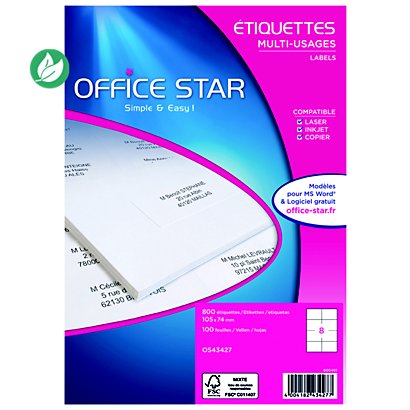 OFFICE STAR OS43427 Etiquettes multi-usages blanches 105 x 74 mm - Boîte de 800