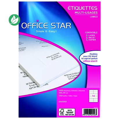 OFFICE STAR OS43431 Etiquettes multi-usages blanches 105 x 39 mm - Boîte de 1400