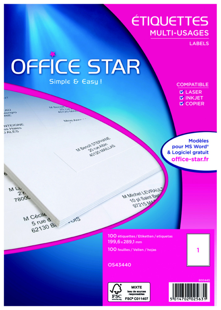 OFFICE STAR OS43440 Etiquettes écologiques multi-usages 199,6 x 289,1 mm - Boîte de 100 - 100 Planch