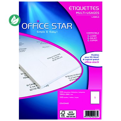 OFFICE STAR OS43440 Etiquettes multi-usages blanches 199,6 x 289,1 mm - Boîte de 100