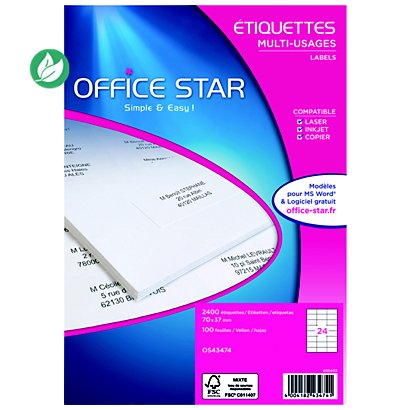 OFFICE STAR OS43474 Etiquettes multi-usages blanches 70 x 37 mm - Boîte de 2400