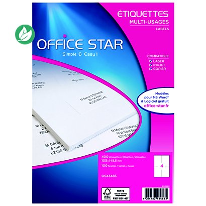 OFFICE STAR OS43483 Etiquettes multi-usages blanches 105 x 148,5 mm - Boîte de 400