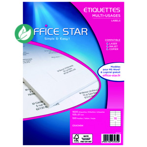 OFFICE STAR OS43484 Etiquettes multi-usages blanches 105 x 37 mm - Boîte de 1600