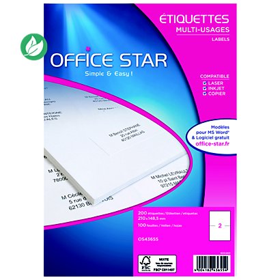 OFFICE STAR OS43655 Etiquettes multi-usages blanches 210 x 148,5 mm - Boîte de 200