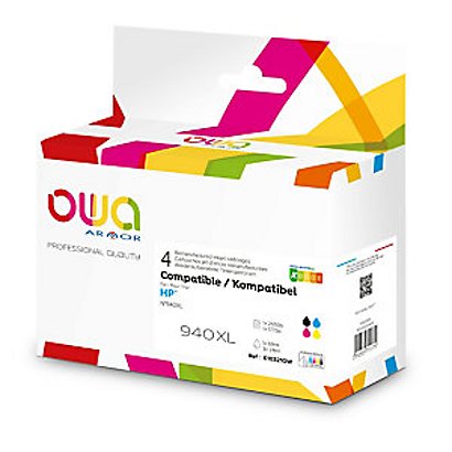 OWA Cartouche d'encre remanufacturée compatible pour HP 940XL C2N93AE - Grande capacité - Pack 4 couleurs - Noir + couleurs