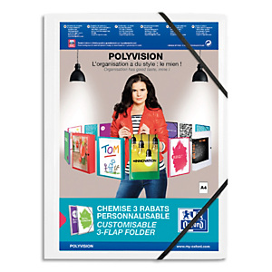 OXFORD Chemise 3 rabats et élastique personnalisable Polyvision en polypro 5/10e. A4. Blanc opaque OXFORD Chemise 3 rabats et élastique personnalisable Polyvision en polypro 5/10e. A4. Blanc opaque