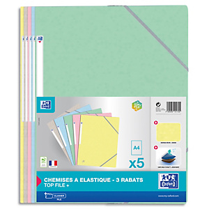 OXFORD Lot de 5 chemises 3 rabats à élastique Top File+ carte lustrée. Format A4. Coloris assortis pastel OXFORD Lot de 5 chemises 3 rabats à élastique Top File+ carte lustrée. Format A4. Coloris assortis pastel