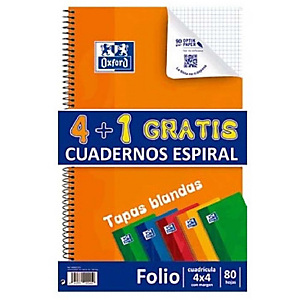 Oxford Pack 4+1 gratis Cuaderno, Folio, cuadriculado, 80 hojas, cubierta blanda cartón plastificado, colores surtidos Oxford Pack 4+1 gratis Cuaderno, Folio, cuadriculado, 80 hojas, cubierta blanda cartón plastificado, colores surtidos