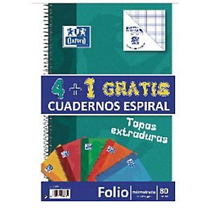Oxford Pack 4+1 gratis Cuaderno, Folio, milimetrado, 80 hojas, cubierta extradura cartón plastificado, colores surtidos Oxford Pack 4+1 gratis Cuaderno, Folio, milimetrado, 80 hojas, cubierta extradura cartón plastificado, colores surtidos