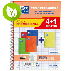 Oxford Pack Ahorro 4 +1 GRATIS Cuaderno, Folio, milimetrado, 80 hojas, cubierta extradura cartón plastificado, colores surtidos vivos Oxford Pack Ahorro 4 +1 GRATIS Cuaderno, Folio, milimetrado, 80 hojas, cubierta extradura cartón plastificado, colores surtidos vivos