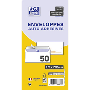 OXFORD Paquet de 50 enveloppes Blanches pré-casées auto-adhésives 80g format 110x220mm DL OXFORD Paquet de 50 enveloppes Blanches pré-casées auto-adhésives 80g format 110x220mm DL