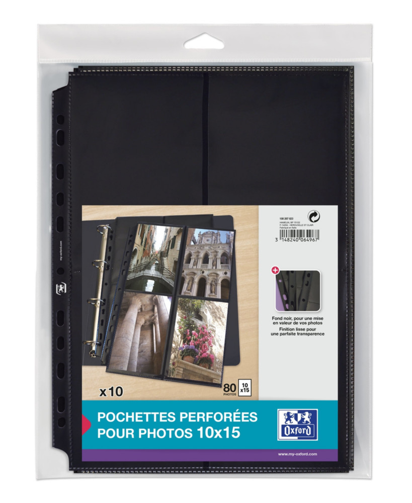 Oxford Pochettes perforées pour 8 photos 10 x 15 cm PP lisse incolore fond noir - Lot de 10