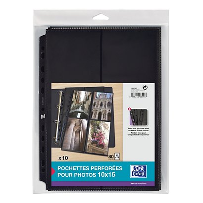Oxford Pochettes perforées pour 8 photos 10 x 15 cm PP lisse incolore fond noir - Lot de 10 - 1