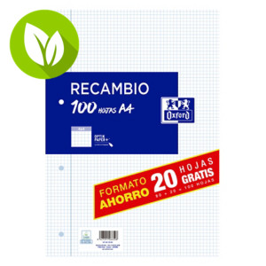 Oxford Recambio de hojas, A4, 4 taladros para archivador, cuadriculado 4 x 4 mm, 100 hojas Oxford Recambio de hojas, A4, 4 taladros para archivador, cuadriculado 4 x 4 mm, 100 hojas