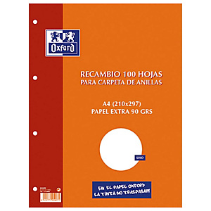 Oxford Recambio de hojas, A4, 4 taladros para archivador, liso, 100 hojas