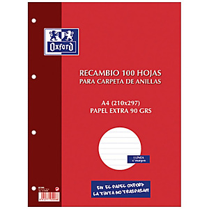 Oxford Recambio de hojas, A4, 4 taladros para archivador, rayado horizontal, 100 hojas