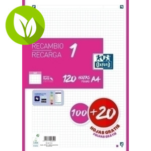 OXFORD School Recambio Color 1 A4, 120 hojas (100+20) 90 gr 4 taladros, Cuadriculado 5 x 5 mm. Fucsia (1 Color en banda) OXFORD School Recambio Color 1 A4, 120 hojas (100+20) 90 gr 4 taladros, Cuadriculado 5 x 5 mm. Fucsia (1 Color en banda)
