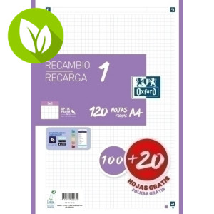 OXFORD School Recambio Color 1 A4, 120 hojas (100+20) 90 gr 4 taladros, Cuadriculado 5 x 5 mm. Lila (1 Color en banda) OXFORD School Recambio Color 1 A4, 120 hojas (100+20) 90 gr 4 taladros, Cuadriculado 5 x 5 mm. Lila (1 Color en banda)