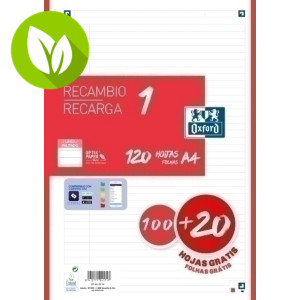 OXFORD School Recambio Color 1 A4, 120 hojas (100+20) 90 gr 4 taladros, Horizontal, rojo (1 Color en banda) OXFORD School Recambio Color 1 A4, 120 hojas (100+20) 90 gr 4 taladros, Horizontal, rojo (1 Color en banda)