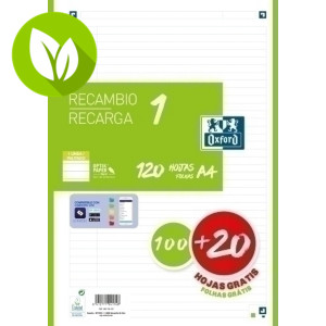 OXFORD School Recambio Color 1 A4, 120 hojas (100+20) 90 gr 4 taladros, Horizontal, verde (1 Color en banda) OXFORD School Recambio Color 1 A4, 120 hojas (100+20) 90 gr 4 taladros, Horizontal, verde (1 Color en banda)