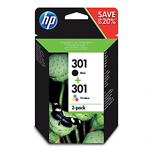 Pack 2 cartouches HP 301 noir + 301 tricolore (cyan + magenta + jaune) pour imprimantes jet d'encre Pack 2 cartouches HP 301 noir + 301 tricolore (cyan + magenta + jaune) pour imprimantes jet d'encre