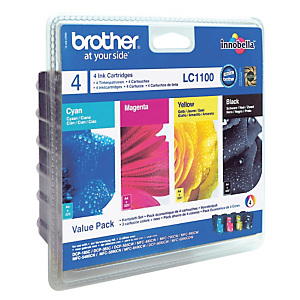 Pack 4 cartridges Brother LC1100 zwart en kleuren (cyaan, magenta, geel) voor inkjet printers Pack 4 cartridges Brother LC1100 zwart en kleuren (cyaan, magenta, geel) voor inkjet printers