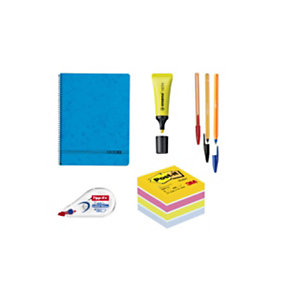 Pack Ahorro Básico bolígrafos, marcador fluorescente, cubo de notas, corrector y cuaderno