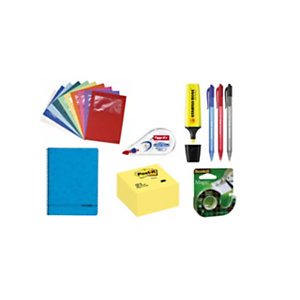 Pack Ahorro Plus bolígrafos, marcador fluorescente, cubo de notas, corrector, cuaderno, dispensador cinta adhesiva y subcarpetas