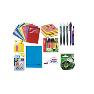 Pack Ahorro Premium bolígrafos, marcadores fluorescentes, cubo de notas, banderitas, corrector, cuaderno, dispensador cinta adhesiva, subcarpetas, portaminas, minas y gomas de borrar