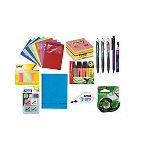Pack Ahorro Premium bolígrafos, marcadores fluorescentes, cubo de notas, banderitas, corrector, cuaderno, dispensador cinta adhesiva, subcarpetas, portaminas, minas y gomas de borrar
