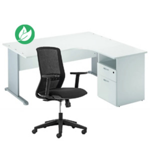 Pack Bureau d'angle compact retour à droite Pronto Bois - L.160 x P.100 cm - Plateau Blanc - Pieds L Aluminium + Caisson hauteur bureau + Siège Tekna Noir Pack Bureau d'angle compact retour à droite Pronto Bois - L.160 x P.100 cm - Plateau Blanc - Pieds L Aluminium + Caisson hauteur bureau + Siège Tekna Noir