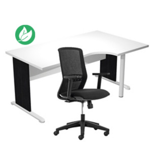 Pack Bureau d'angle compact retour à droite Pronto Bois - L.160 x P.100 cm - Plateau Blanc - Pieds L Noir + Siège Tekna Noir Pack Bureau d'angle compact retour à droite Pronto Bois - L.160 x P.100 cm - Plateau Blanc - Pieds L Noir + Siège Tekna Noir