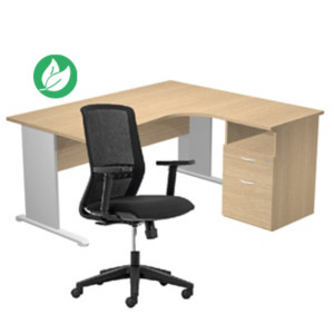 Pack Bureau d'angle compact retour à droite Pronto Bois - L.160 x P.100 cm - Plateau Chêne - Pieds L Aluminium + Caisson hauteur bureau + Siège Tekna Noir Pack Bureau d'angle compact retour à droite Pronto Bois - L.160 x P.100 cm - Plateau Chêne - Pieds L Aluminium + Caisson hauteur bureau + Siège Tekna Noir