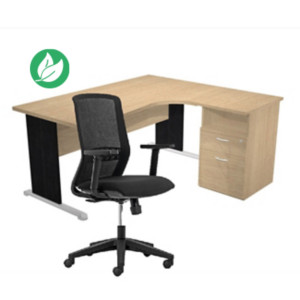 Pack Bureau d'angle compact retour à droite Pronto Bois - L.160 x P.100 cm - Plateau Chêne - Pieds L Noir + Caisson hauteur bureau + Siège Tekna Noir Pack Bureau d'angle compact retour à droite Pronto Bois - L.160 x P.100 cm - Plateau Chêne - Pieds L Noir + Caisson hauteur bureau + Siège Tekna Noir
