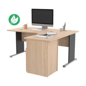 Pack Bureau d'angle compact retour à droite Pronto Bois - L.160 x P.100 cm - Plateau Chêne - Pieds L Noir + Caisson hauteur bureau Pack Bureau d'angle compact retour à droite Pronto Bois - L.160 x P.100 cm - Plateau Chêne - Pieds L Noir + Caisson hauteur bureau