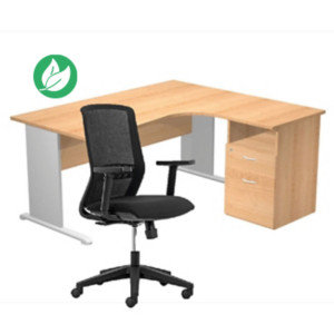 Pack Bureau d'angle compact retour à droite Pronto Bois - L.160 x P.100 cm - Plateau Hêtre - Pieds L Aluminium + Caisson hauteur bureau + Siège Tekna Noir Pack Bureau d'angle compact retour à droite Pronto Bois - L.160 x P.100 cm - Plateau Hêtre - Pieds L Aluminium + Caisson hauteur bureau + Siège Tekna Noir