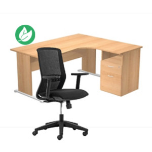 Pack Bureau d'angle compact retour à droite Pronto Bois - L.160 x P.100 cm - Plateau Hêtre - Pieds L Hêtre + Caisson hauteur bureau + Siège Tekna Noir Pack Bureau d'angle compact retour à droite Pronto Bois - L.160 x P.100 cm - Plateau Hêtre - Pieds L Hêtre + Caisson hauteur bureau + Siège Tekna Noir