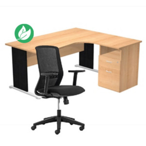 Pack Bureau d'angle compact retour à droite Pronto Bois - L.160 x P.100 cm - Plateau Hêtre - Pieds L Noir + Caisson hauteur bureau + Siège Tekna Noir Pack Bureau d'angle compact retour à droite Pronto Bois - L.160 x P.100 cm - Plateau Hêtre - Pieds L Noir + Caisson hauteur bureau + Siège Tekna Noir