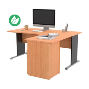 Pack Bureau d'angle compact retour à droite Pronto Bois - L.160 x P.100 cm - Plateau Hêtre - Pieds L Noir + Caisson hauteur bureau Pack Bureau d'angle compact retour à droite Pronto Bois - L.160 x P.100 cm - Plateau Hêtre - Pieds L Noir + Caisson hauteur bureau