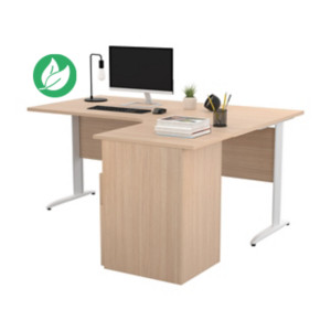 Pack Bureau d'angle compact retour à droite Pronto Métal - L.160 x P.100 cm - Plateau Chêne - Pieds L Blanc + Caisson hauteur bureau Pack Bureau d'angle compact retour à droite Pronto Métal - L.160 x P.100 cm - Plateau Chêne - Pieds L Blanc + Caisson hauteur bureau