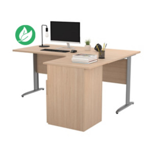 Pack Bureau d'angle compact retour à droite Pronto Métal - L.160 x P.100 cm - Plateau Chêne - Pieds L Chrome + Caisson hauteur bureau Pack Bureau d'angle compact retour à droite Pronto Métal - L.160 x P.100 cm - Plateau Chêne - Pieds L Chrome + Caisson hauteur bureau