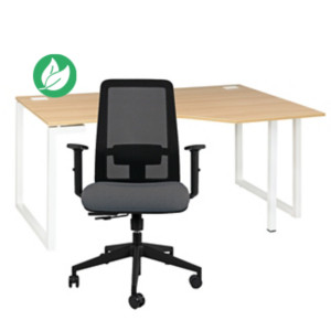 Pack bureau d'angle compact retour à droite Vitaly L.160 x P.105 cm Chêne pieds Blanc + siège Naïa maille Anthracite Pack bureau d'angle compact retour à droite Vitaly L.160 x P.105 cm Chêne pieds Blanc + siège Naïa maille Anthracite